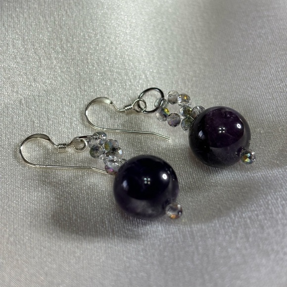 Hand crafted amethyst and crystal earrings on sterling silver ear wires - Picture 3 of 5